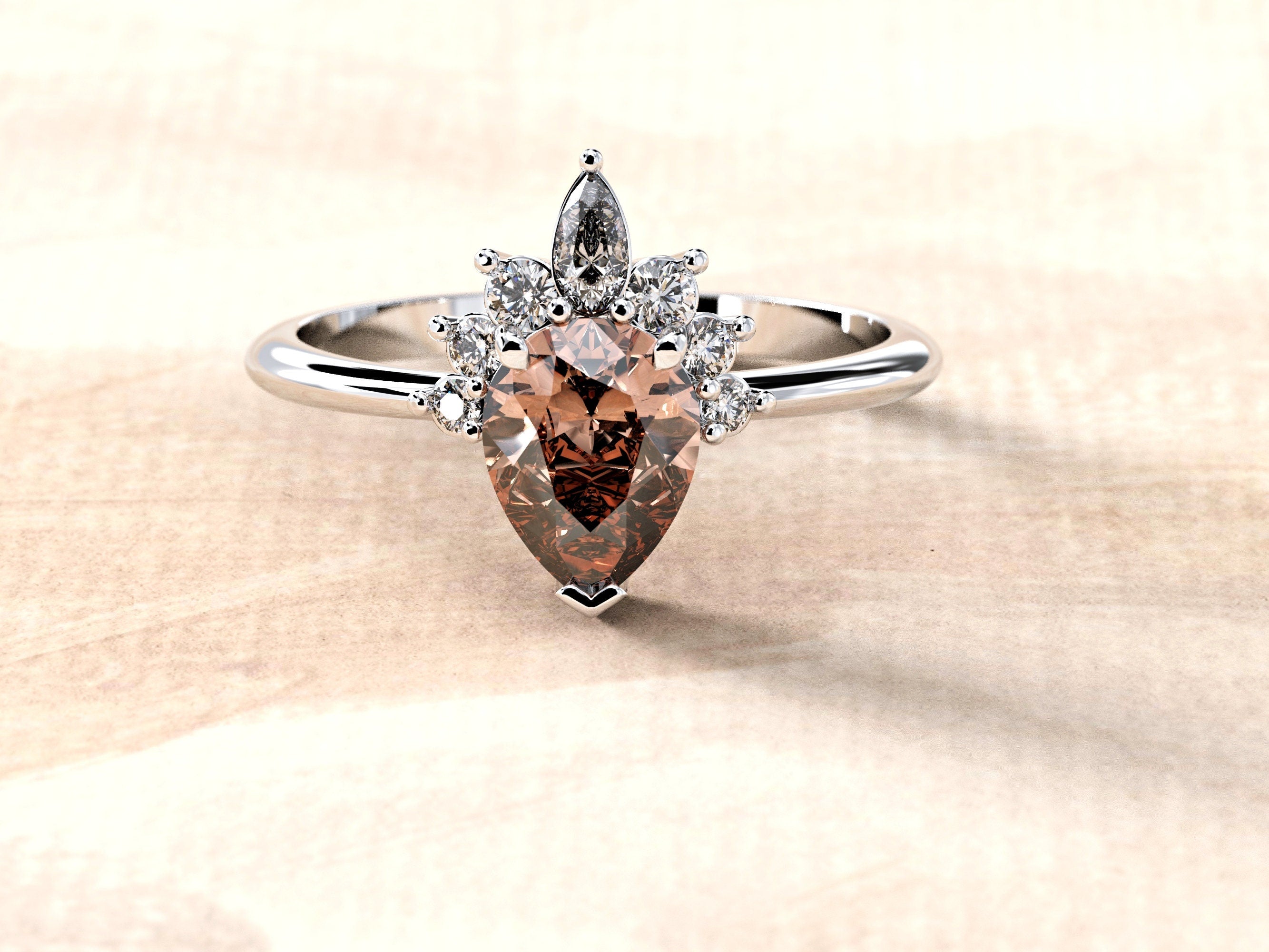 Morganite and Diamonds Engagement Ring | Morganite Wedding Band | Pear & Marquise Dainty Ring | Diamonds Wedding Band | Teardrop Gold Ring