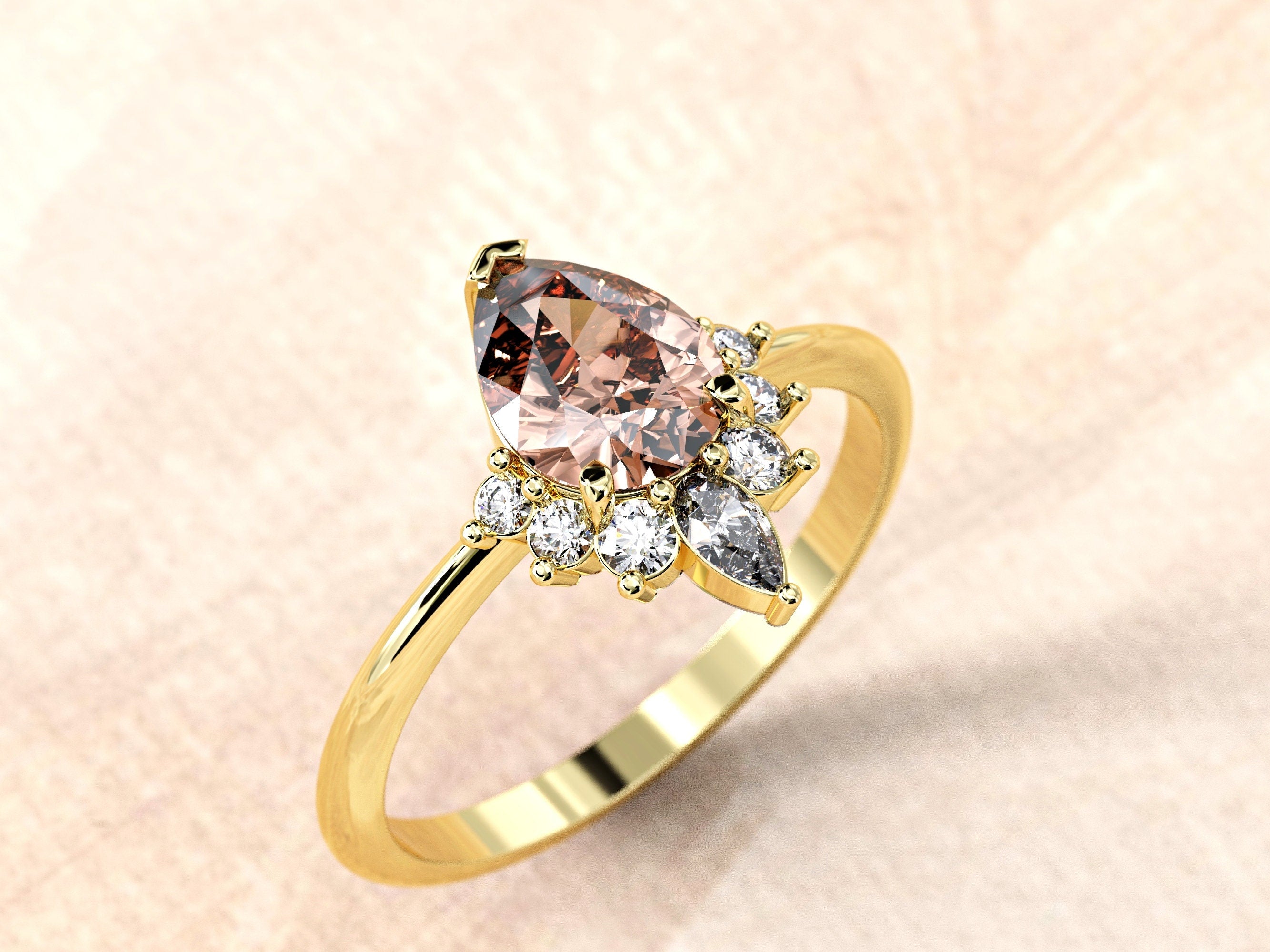 Morganite and Diamonds Engagement Ring | Morganite Wedding Band | Pear & Marquise Dainty Ring | Diamonds Wedding Band | Teardrop Gold Ring