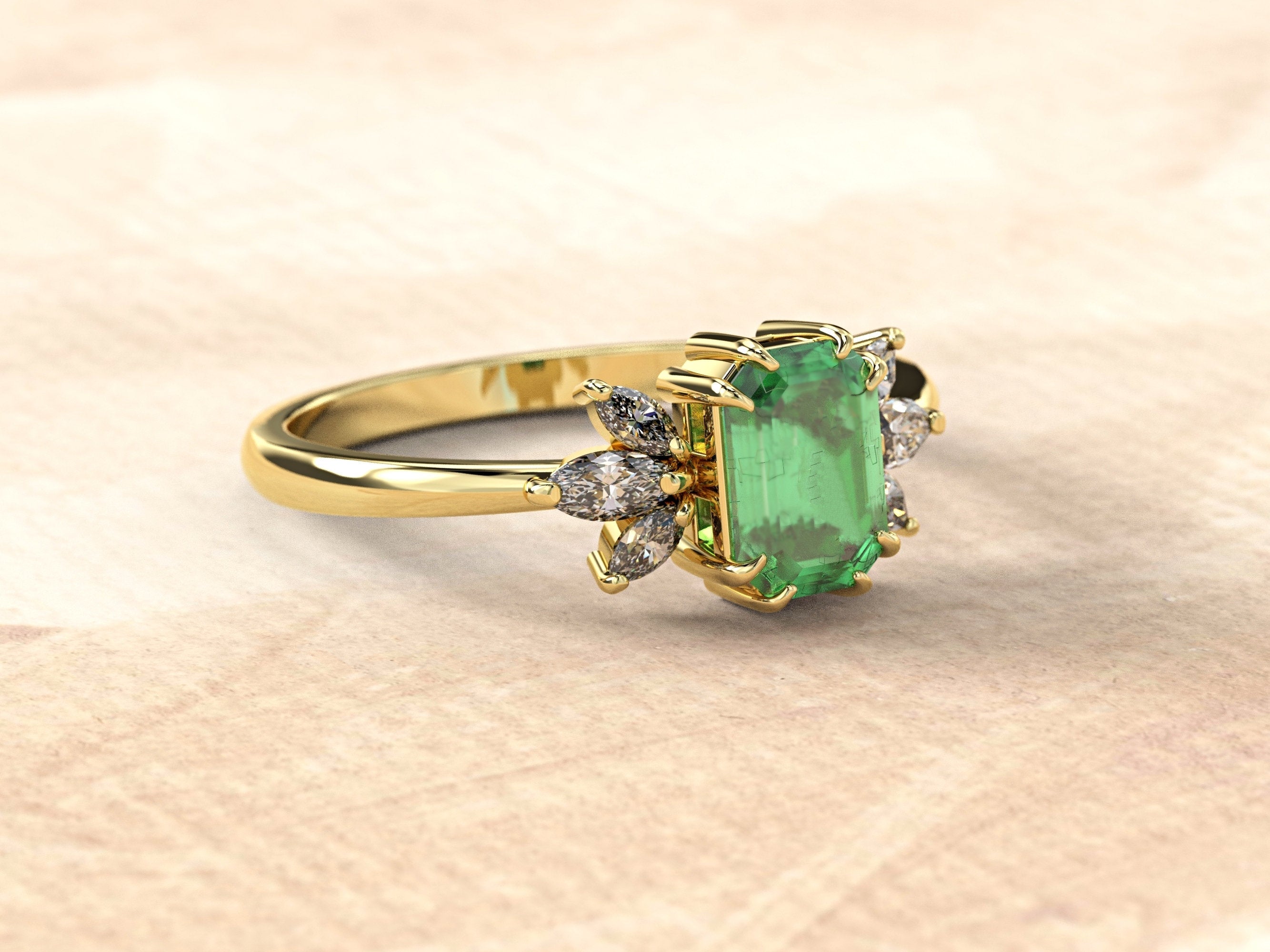 Emerald Engagement Ring | Emerald Baguette Ring | Emerald Wedding Band Gold | Baguette Engagement Ring | Multi-stone Sapphire Baguette Ring