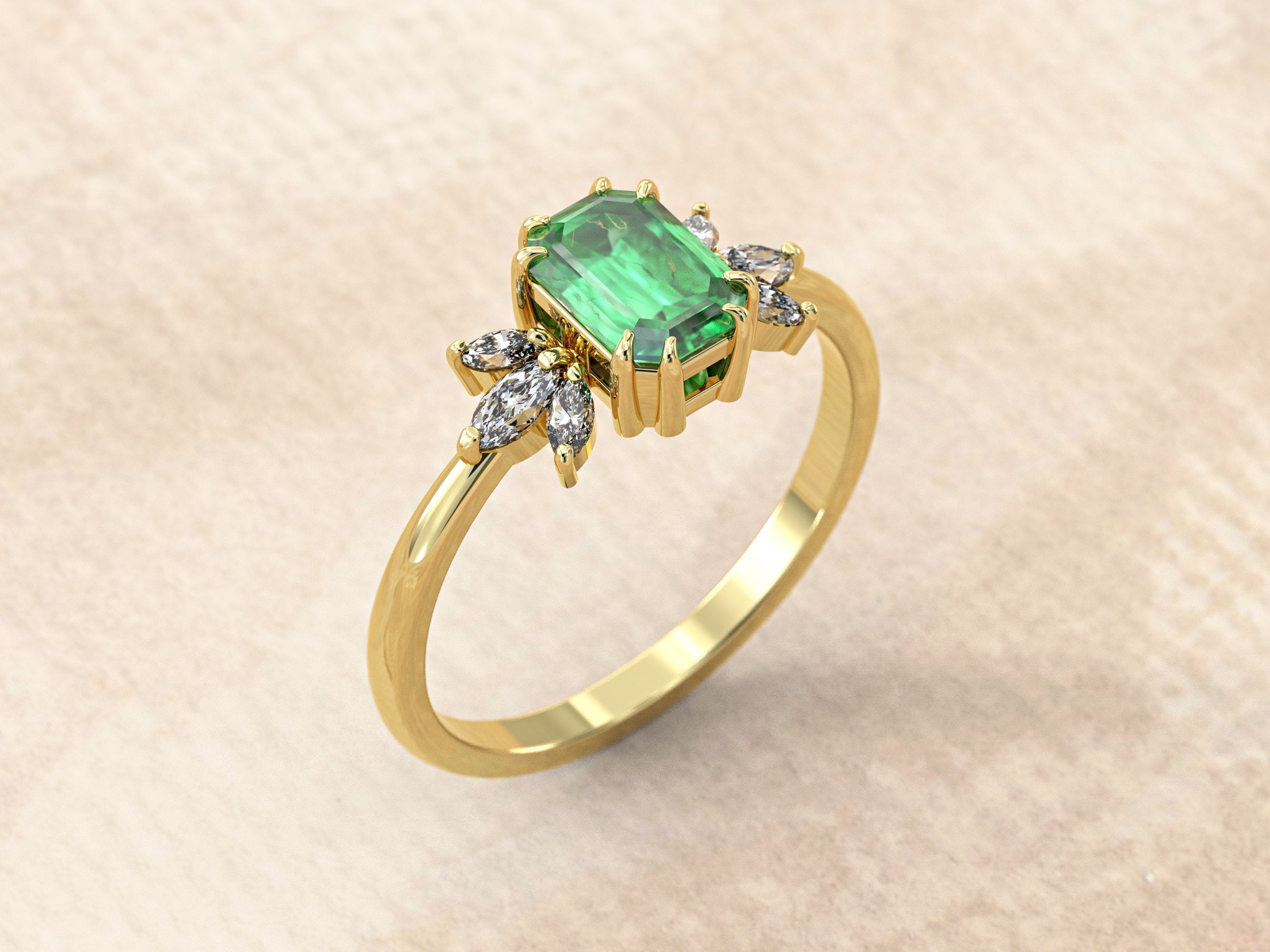 Emerald Engagement Ring | Emerald Baguette Ring | Emerald Wedding Band Gold | Baguette Engagement Ring | Multi-stone Sapphire Baguette Ring