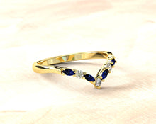 טען תמונה לגלריה, Curved Wedding Band | Chevron Diamond Ring | Chevron Stacking ring | Marquise Curved Ring | Solid Gold V Ring | Sapphire 14K Chevron Ring
