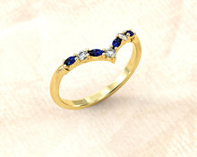 טען תמונה לגלריה, Curved Wedding Band | Chevron Diamond Ring | Chevron Stacking ring | Marquise Curved Ring | Solid Gold V Ring | Sapphire 14K Chevron Ring
