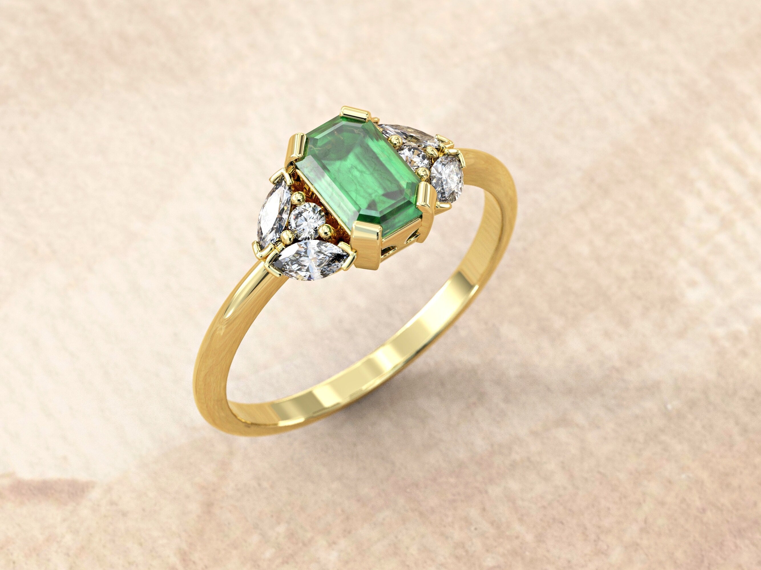 Emerald Cut Engagement Ring | Emerald Baguette Ring | Emerald Wedding Band | Engagement Ring | Dainty Engagement Ring | Natural Gemstone