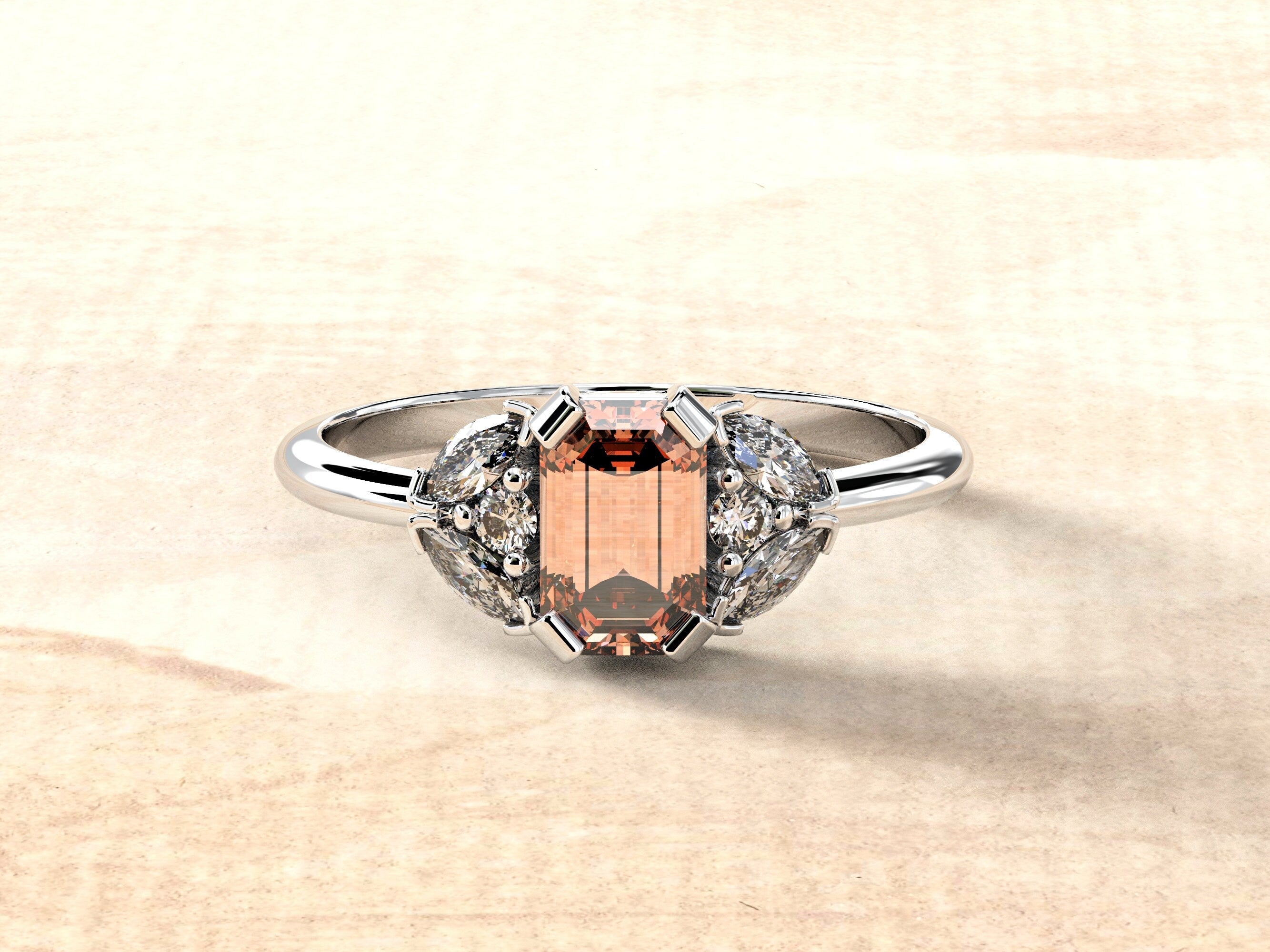 Morganite Engagement Ring | Morganite Baguette Ring | Morganite Wedding Band | Emerald Cut Engagement Ring | Dainty Gemstone Engagement Ring