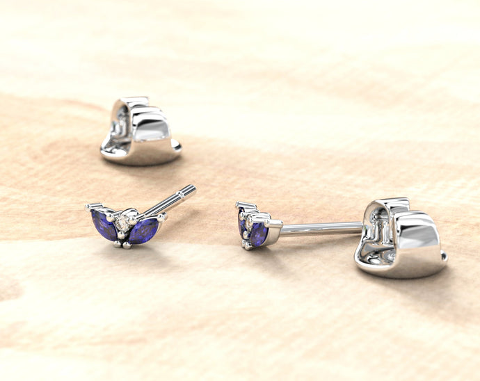 Marquise Dainty Earrings | Diamond Stud earrings | Sapphire Diamond Earrings | 14k Diamond studs | Fine Delicate stud | Modern Stud Earrings