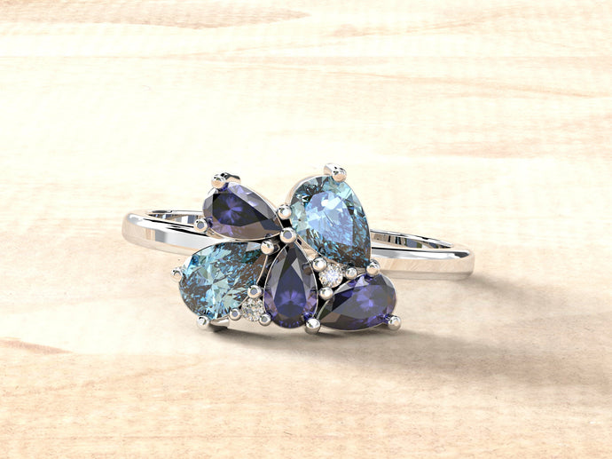Cluster Sapphire & Aqua Ring | Minimalist Diamond Ring | Dainty Cluster Ring | Multi Stone Gold Ring | 14k Cluster Ring | Blue Dainty Ring
