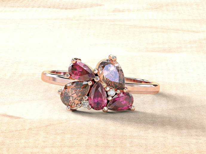 Cluster Morganite & Ruby Ring | Minimalist Diamond Ring | Dainty Cluster Ring | Multi Stone Gold Ring | 14k Cluster Ring | Rose Dainty Ring