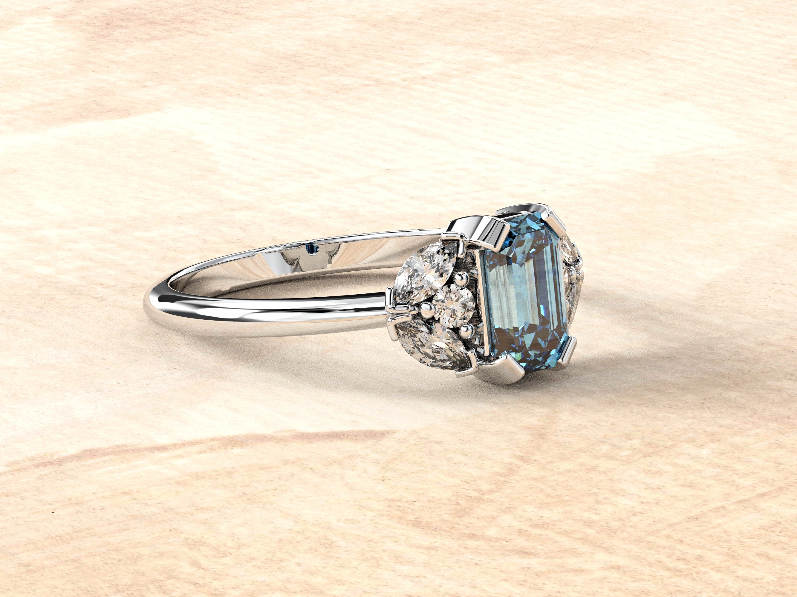 Aquamarine Engagement Ring | Aquamarine Baguette Ring | Aqua Wedding Band | Emerald Cut Engagement Ring | Dainty Gemstone Engagement Ring