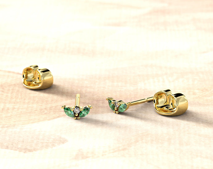 Marquise Dainty Earrings | Diamond Stud earrings | Emerald Diamond Earrings | 14k Diamond studs | Fine Delicate stud | Modern Stud Earrings