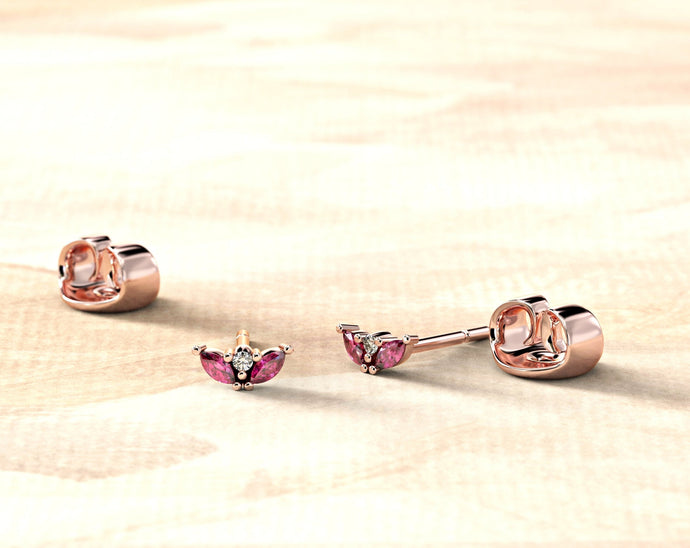 Marquise Dainty Earrings | Diamond Stud earrings | Ruby Diamond Earrings | 14k Diamond studs | Fine Delicate stud | Modern Stud Earrings