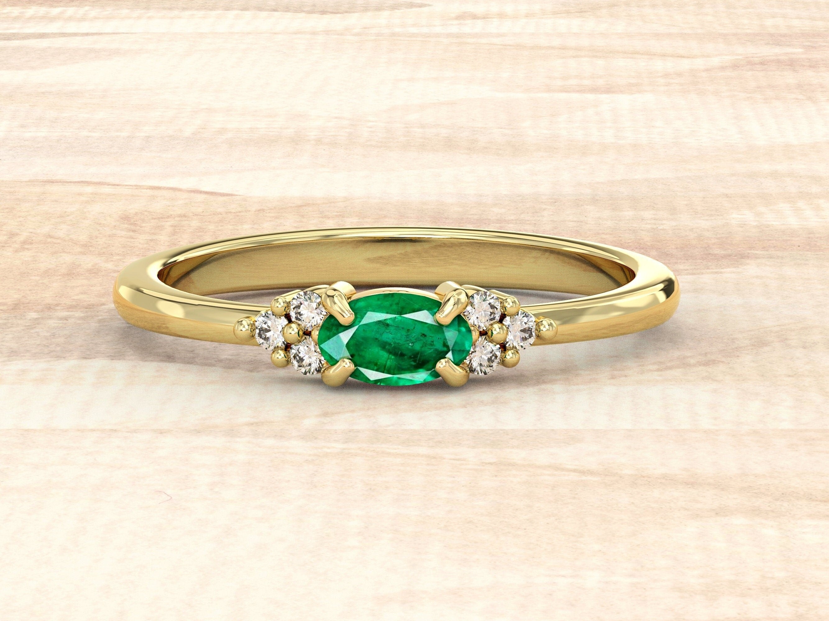 Natural Emerald Ring | Genuine Emerald Ring | 14k Gold Engagement Ring with Emerald and Diamonds | Dainty Wedding Ring | May Birthstone