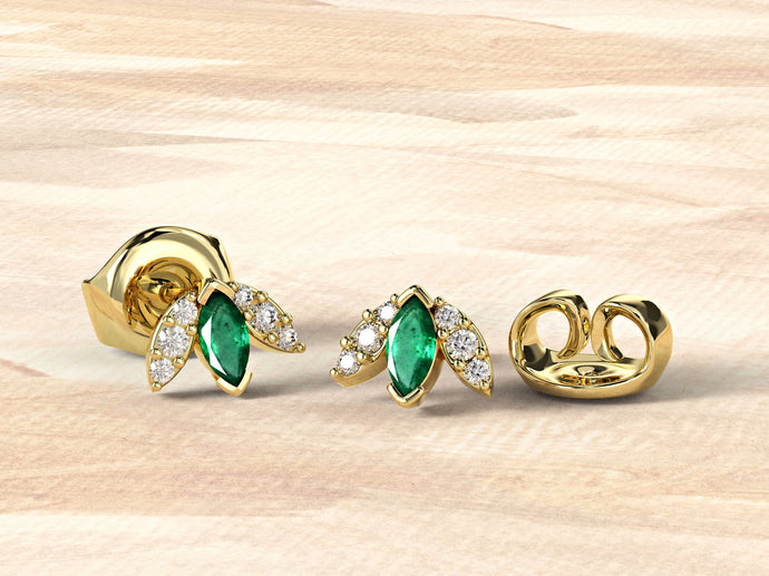 Marquise Dainty Earrings | Diamond Stud earrings | Emerald Diamond Earrings | 14k Diamond studs | Fine Delicate stud | Modern Stud Earrings