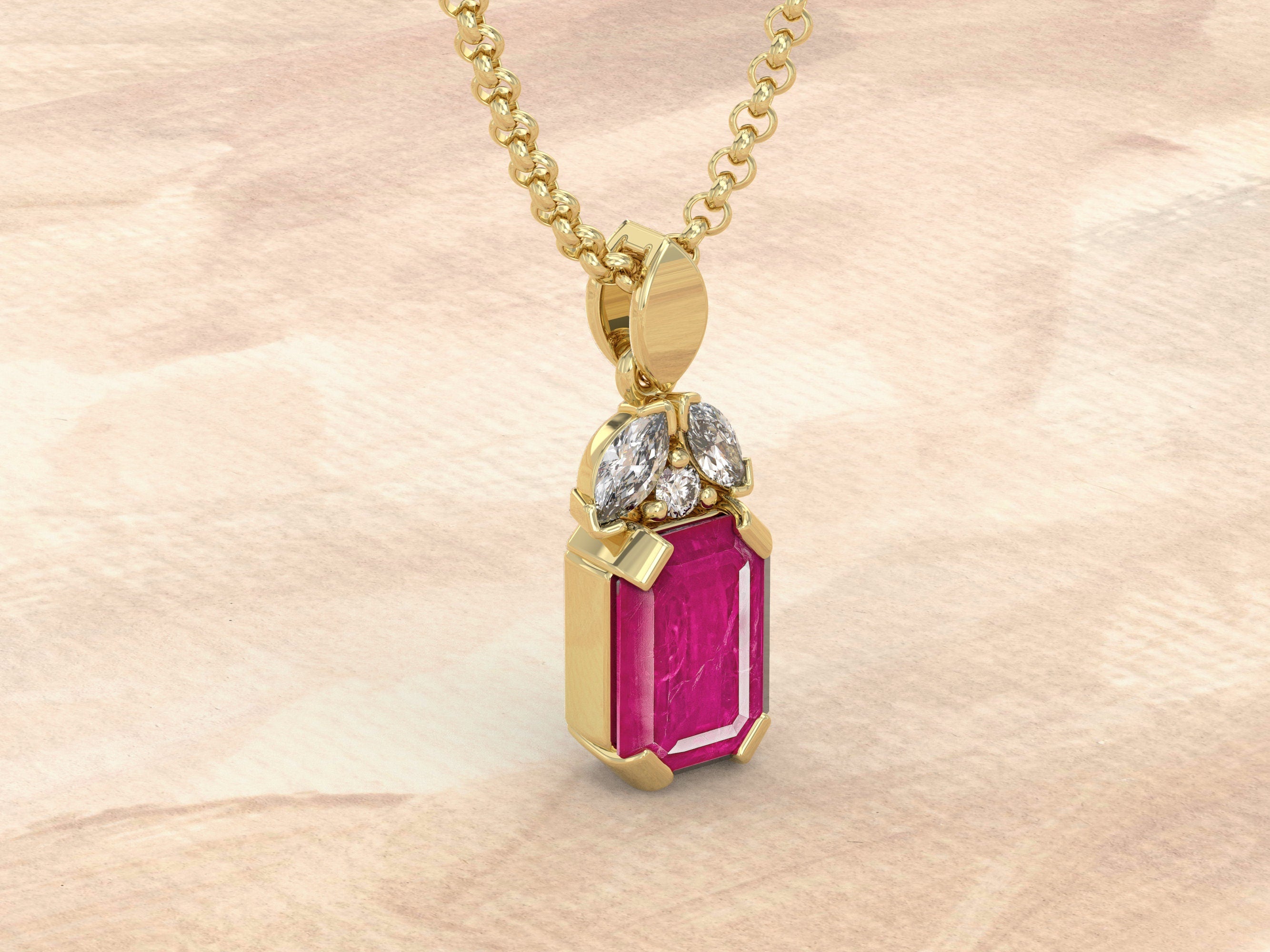 Natural Ruby Pendant | Genuine Ruby Necklace | 14k Gold Cluster Pendant Ruby & Diamonds | Dainty Gemstone Pendant | July Birthstone