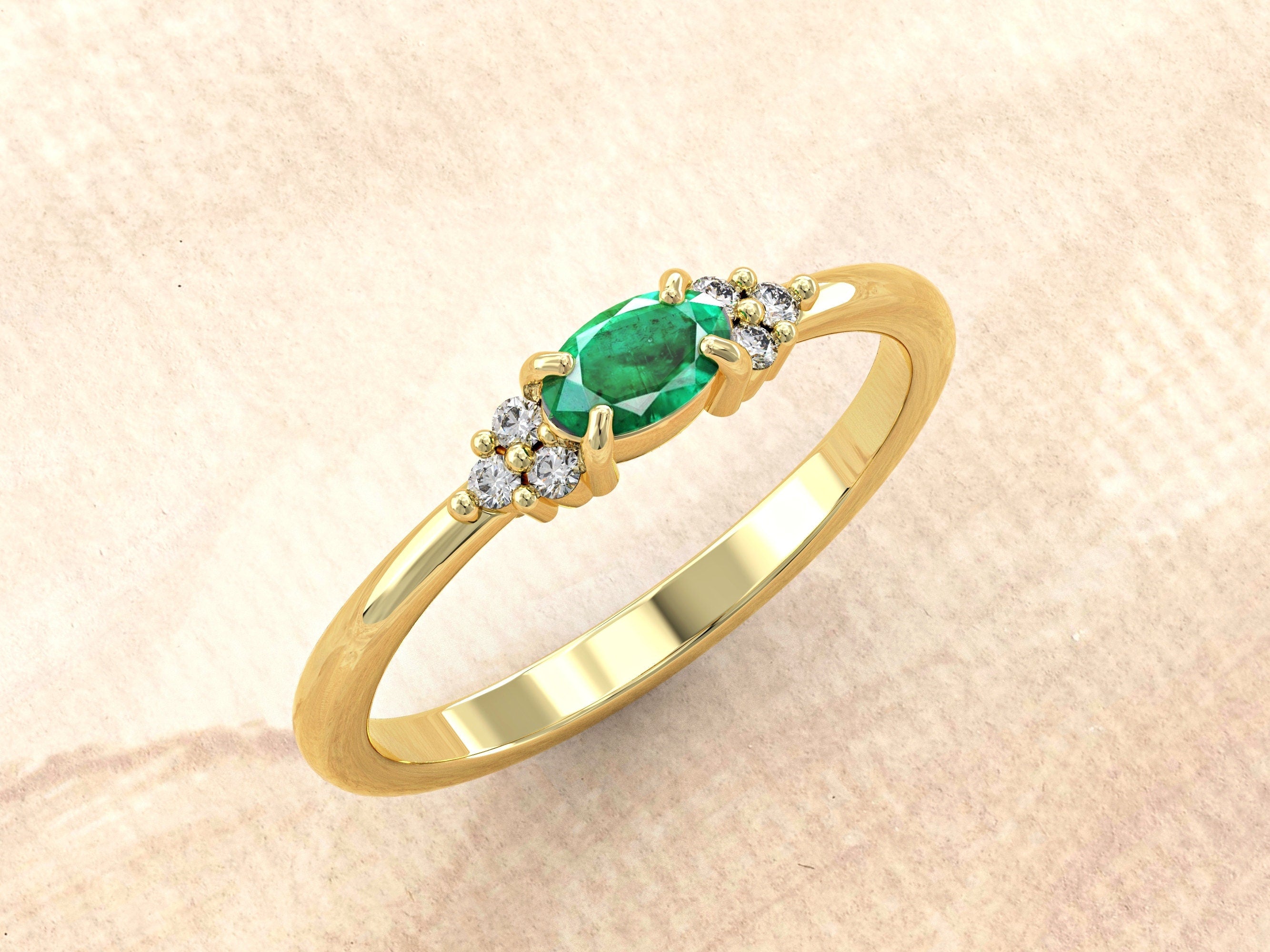 Natural Emerald Ring | Genuine Emerald Ring | 14k Gold Engagement Ring with Emerald and Diamonds | Dainty Wedding Ring | May Birthstone