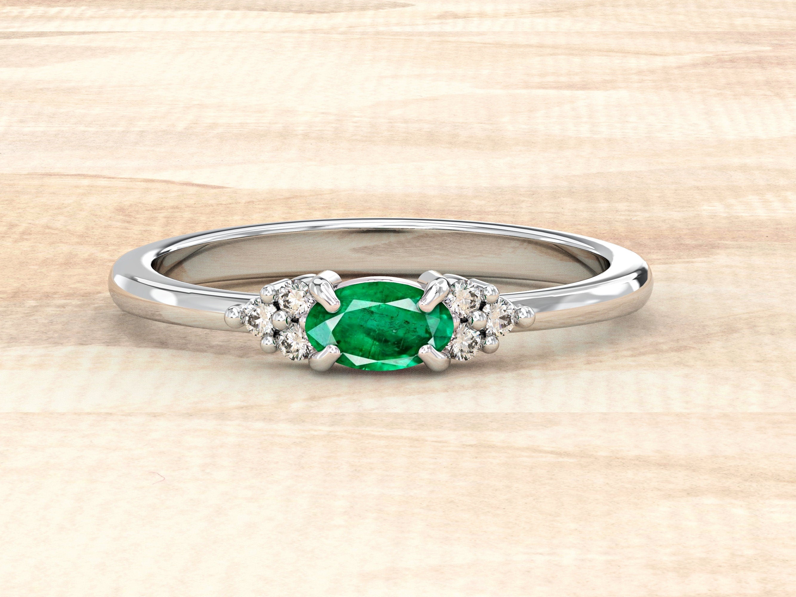 Natural Emerald Ring | Genuine Emerald Ring | 14k Gold Engagement Ring with Emerald and Diamonds | Dainty Wedding Ring | May Birthstone