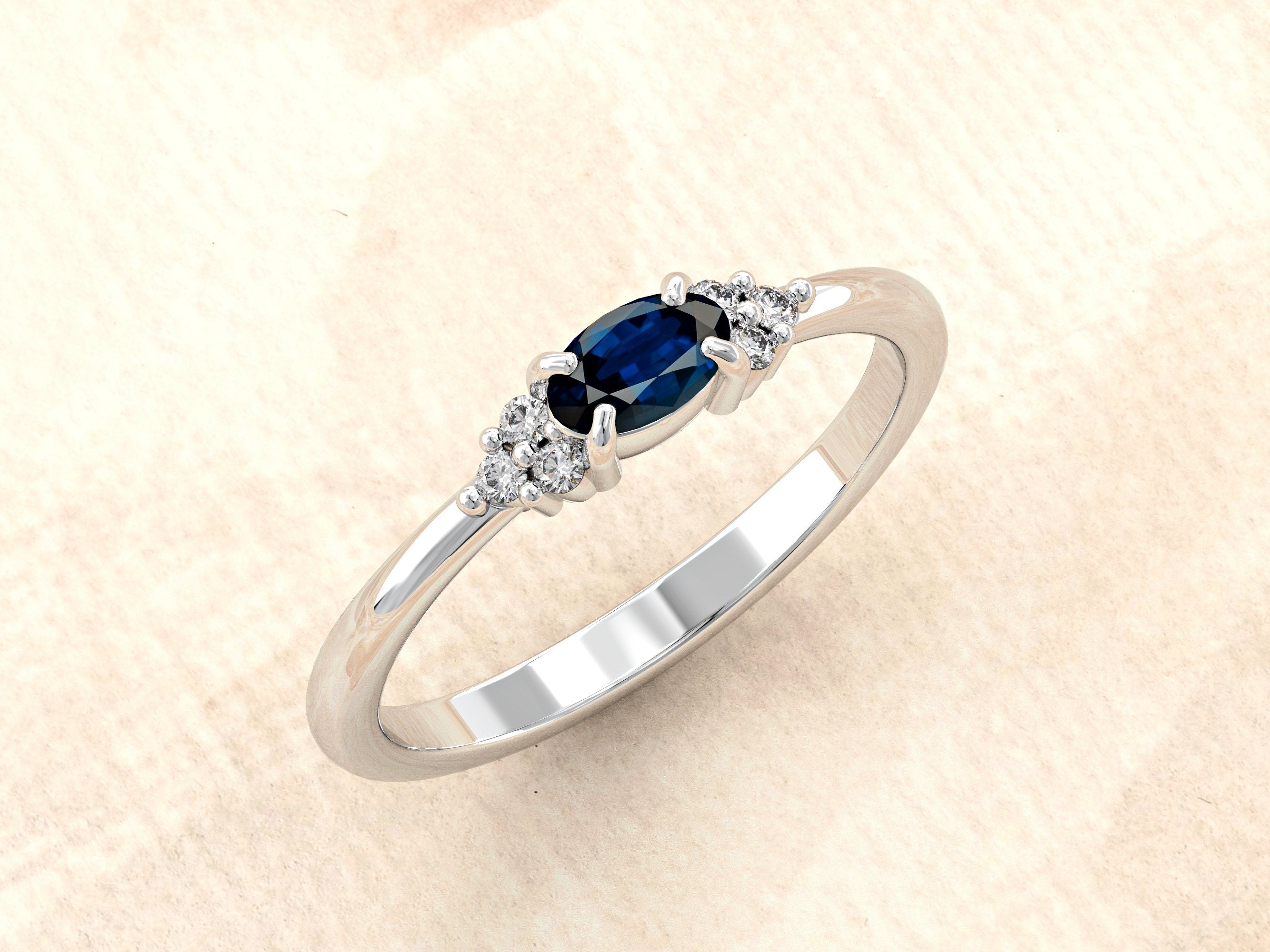 Natural Sapphire Ring | Genuine Sapphire Ring | 14k Gold Engagement Ring with Sapphire and Diamonds | Dainty Wedding Ring | Sep Birthstone