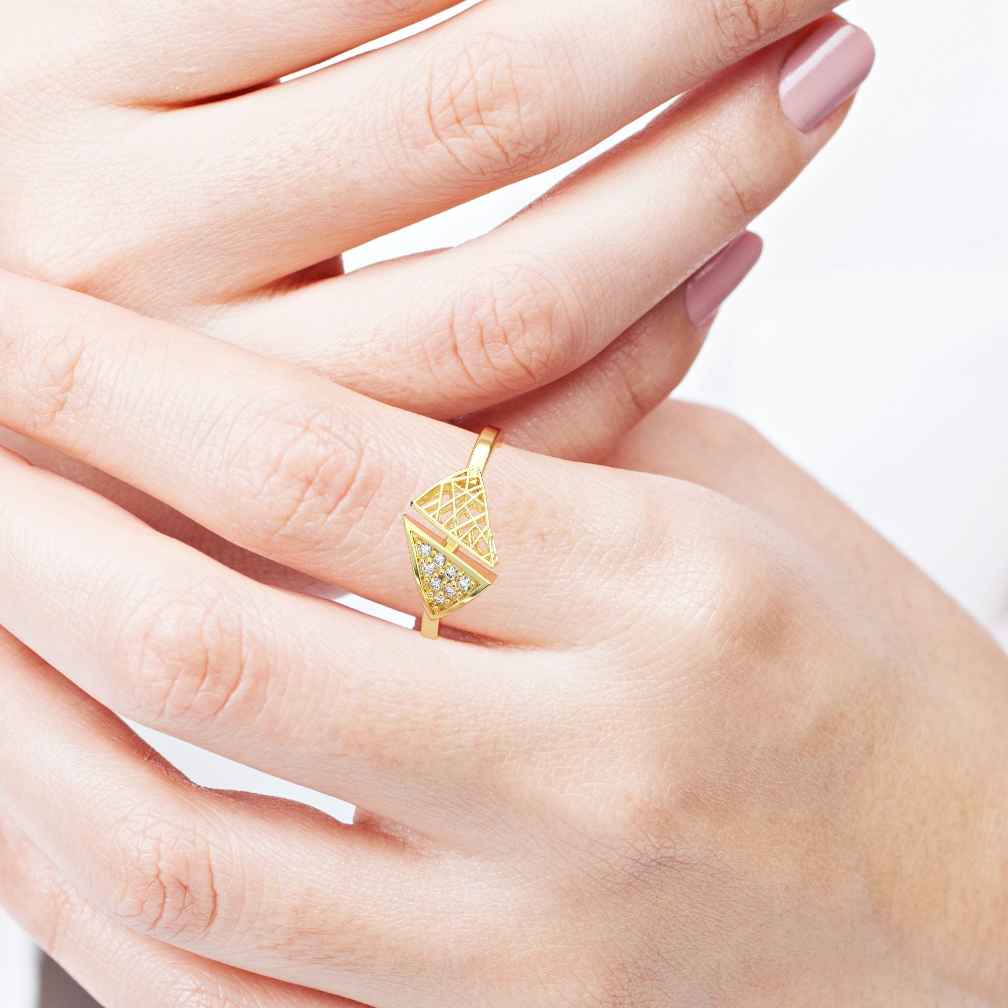 Triangle "contrast" ring - triangular gold mesh ring studded with diamonds