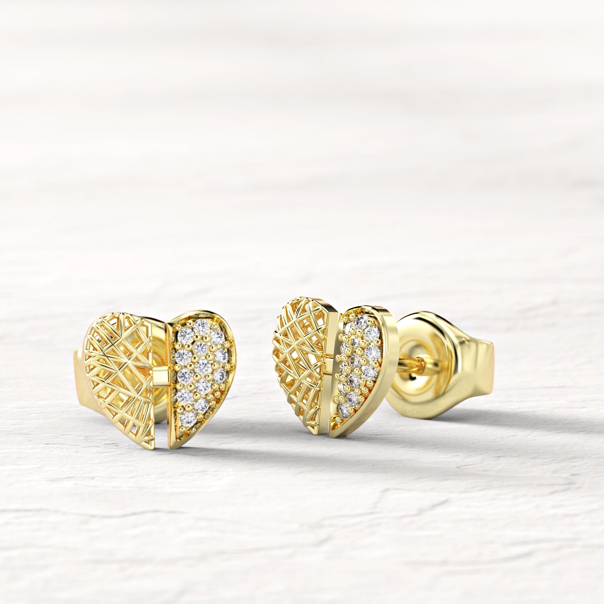 "Contrast" heart earrings - gold mesh earring studded with diamonds