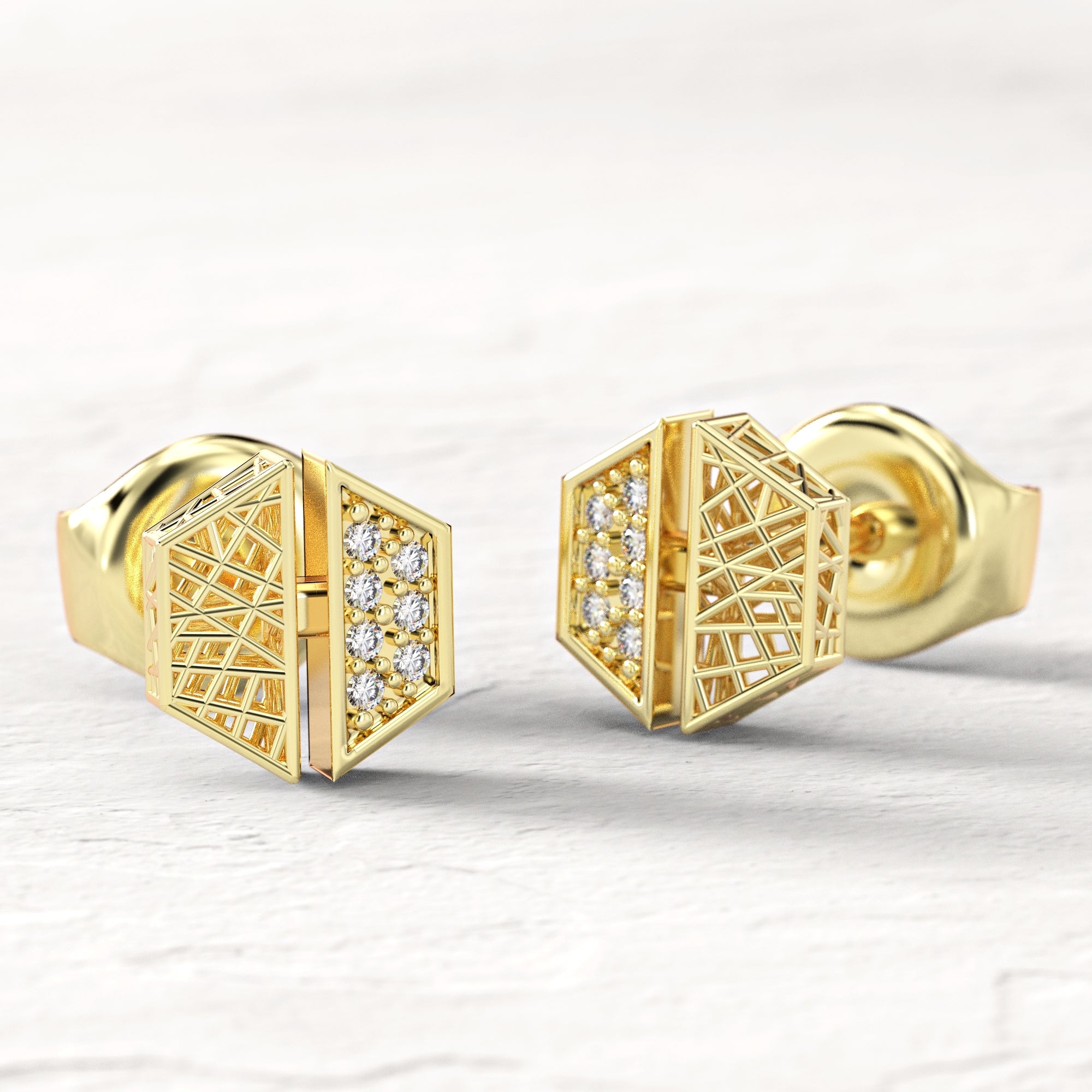 "Contrast" hexagonal earrings - gold mesh earring studded with diamonds 