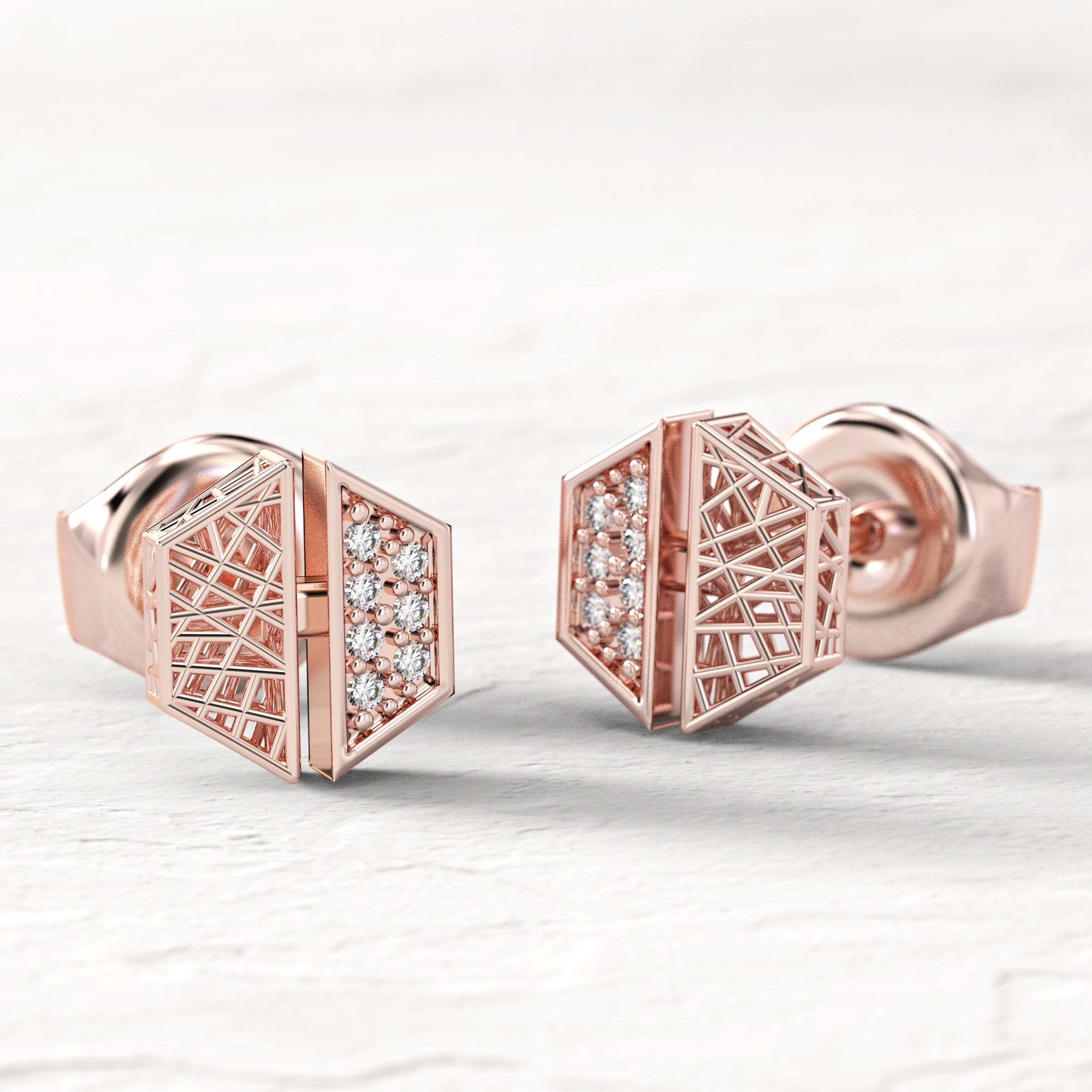 "Contrast" hexagonal earrings - gold mesh earring studded with diamonds 