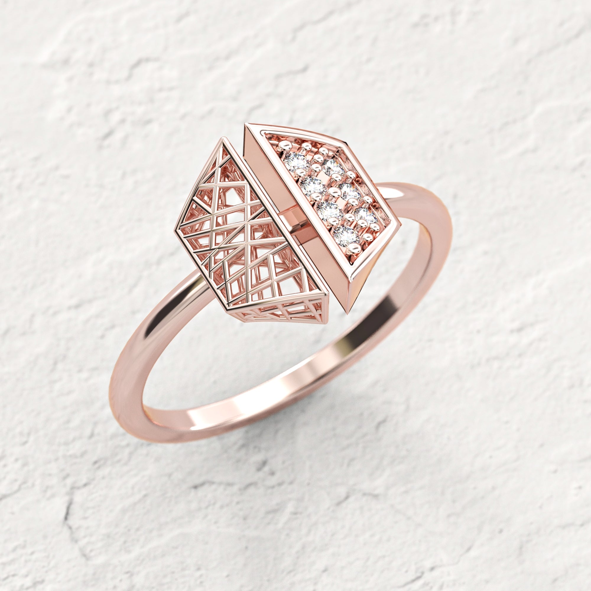 Hexagonal "contrast" ring - gold mesh ring studded with diamonds