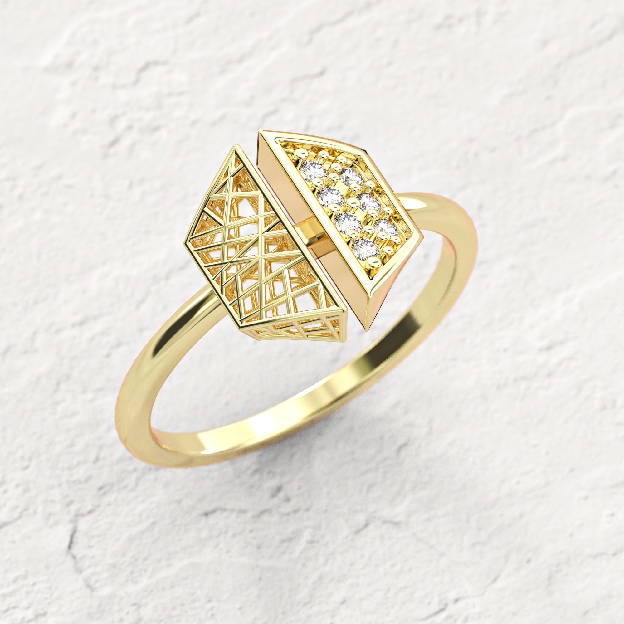 Hexagonal "contrast" ring - gold mesh ring studded with diamonds