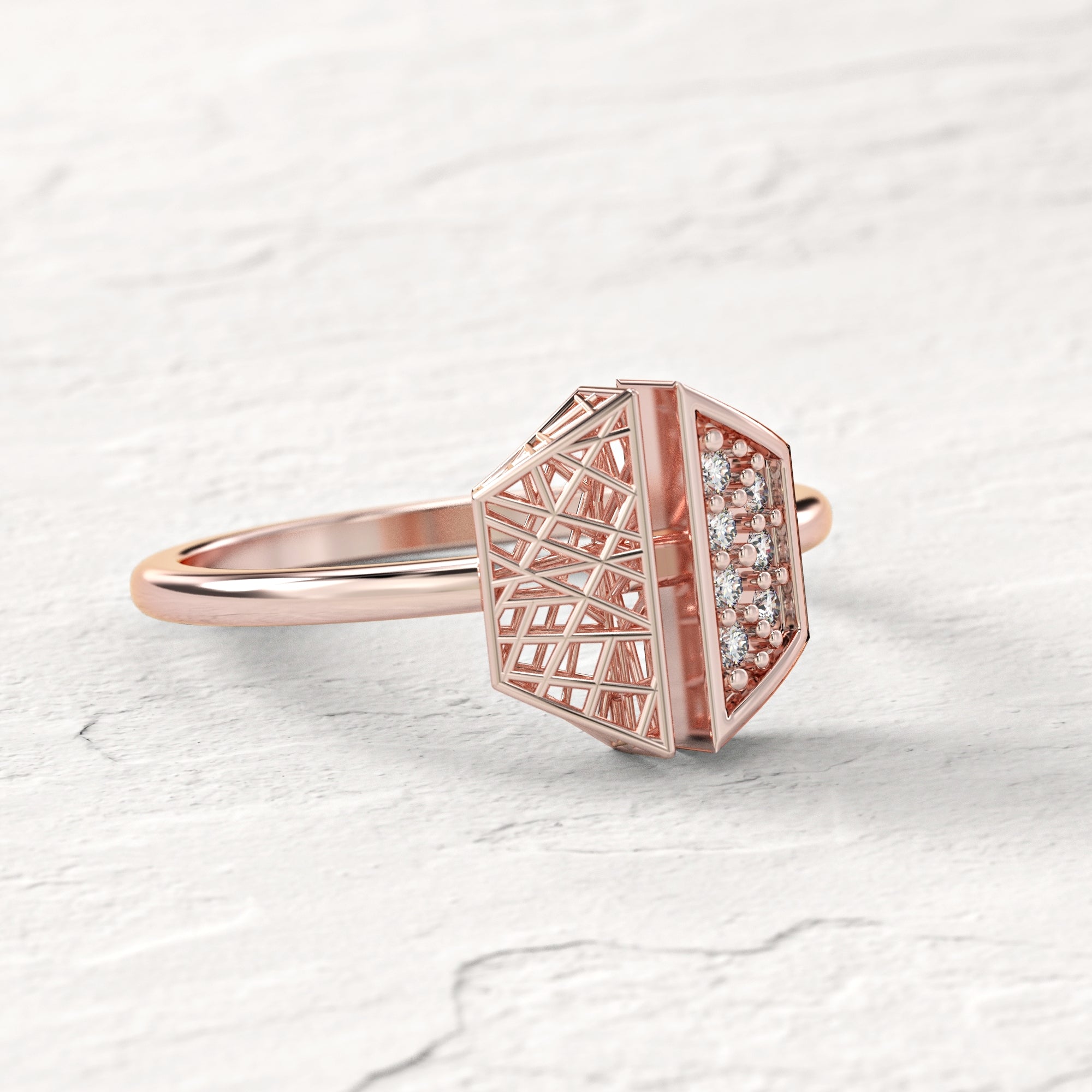 Hexagonal "contrast" ring - gold mesh ring studded with diamonds