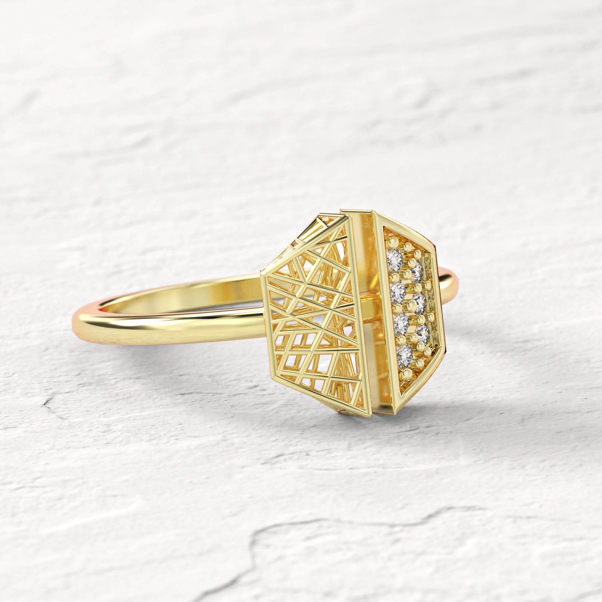 Hexagonal "contrast" ring - gold mesh ring studded with diamonds