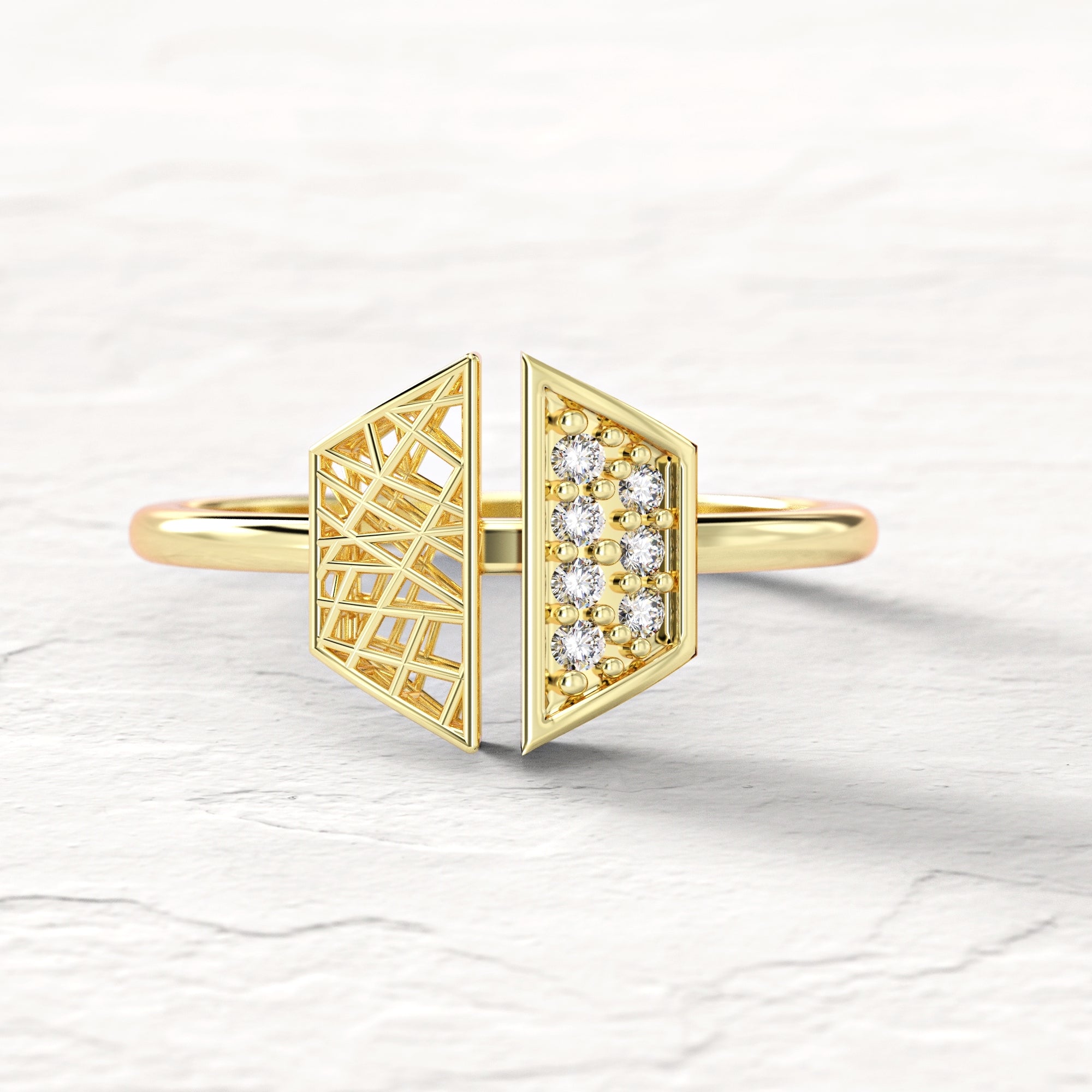 Hexagonal "contrast" ring - gold mesh ring studded with diamonds