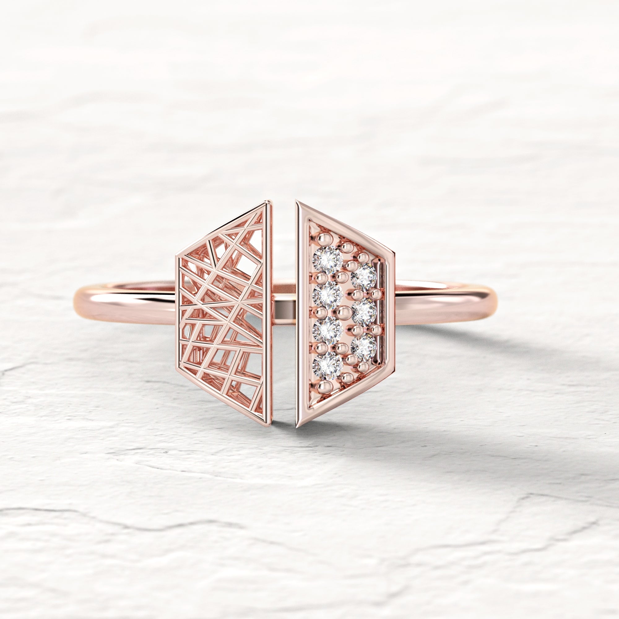 Hexagonal "contrast" ring - gold mesh ring studded with diamonds