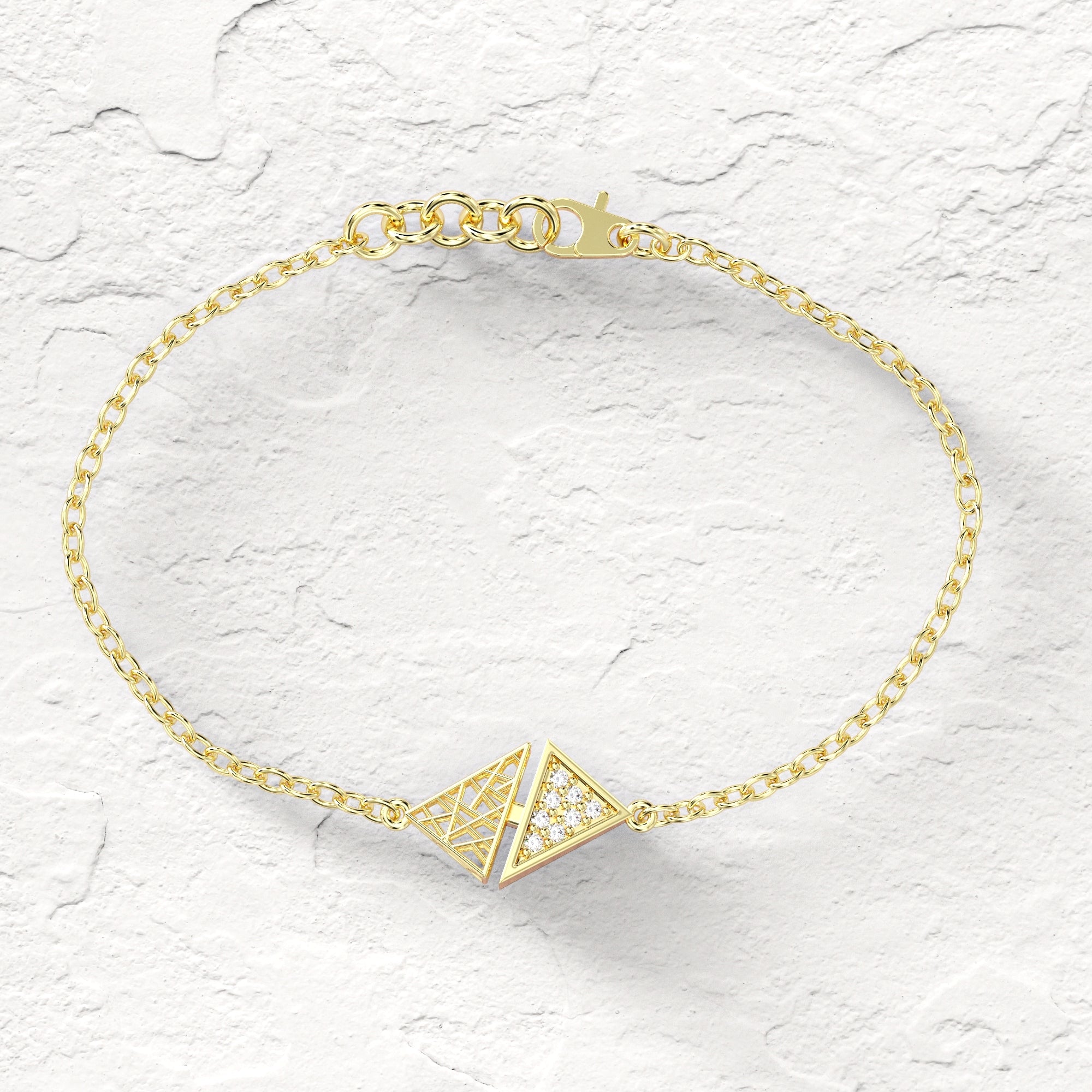 Triangle "contrast" bracelet - gold mesh bracelet studded with diamonds