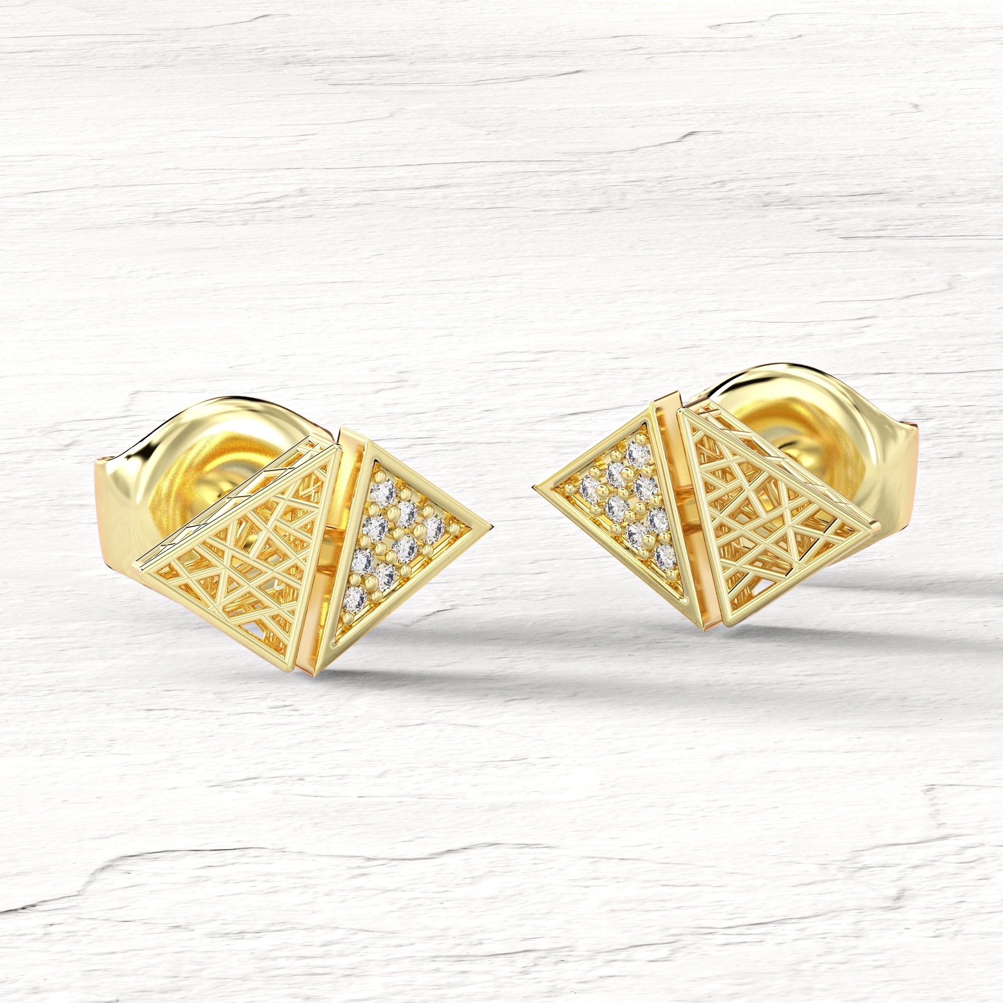 Triangle "contrast" earrings - gold mesh earrings studded with diamonds