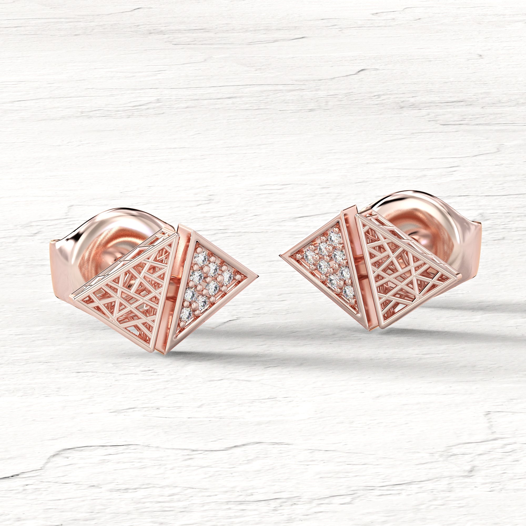 Triangle "contrast" earrings - gold mesh earrings studded with diamonds