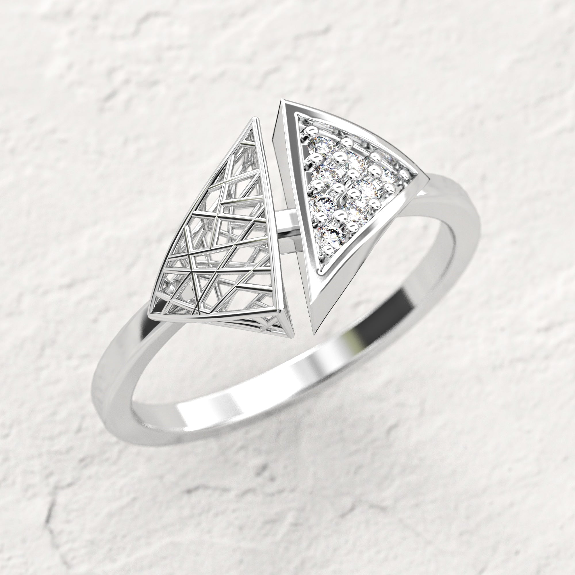 Triangle "contrast" ring - triangular gold mesh ring studded with diamonds