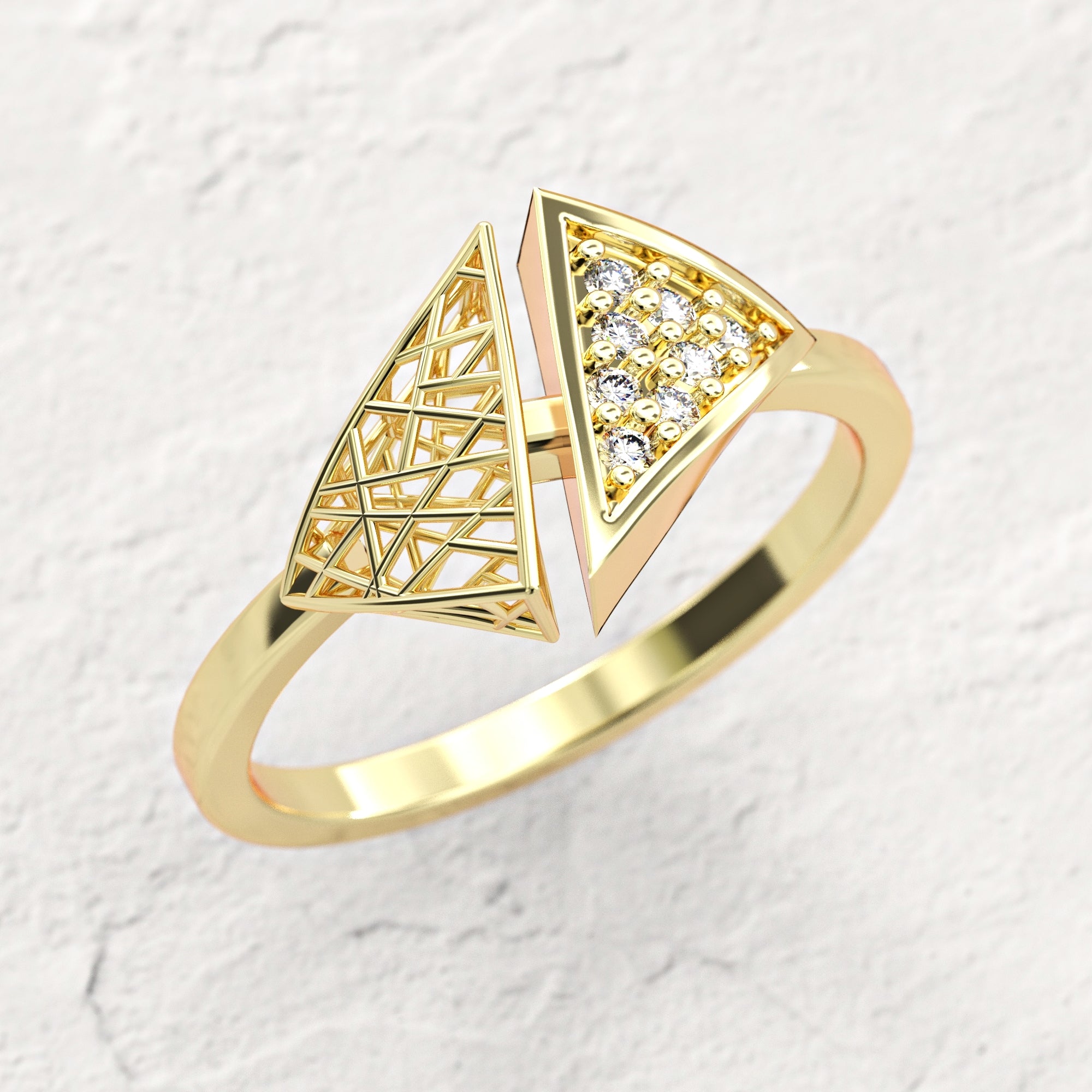 Triangle "contrast" ring - triangular gold mesh ring studded with diamonds