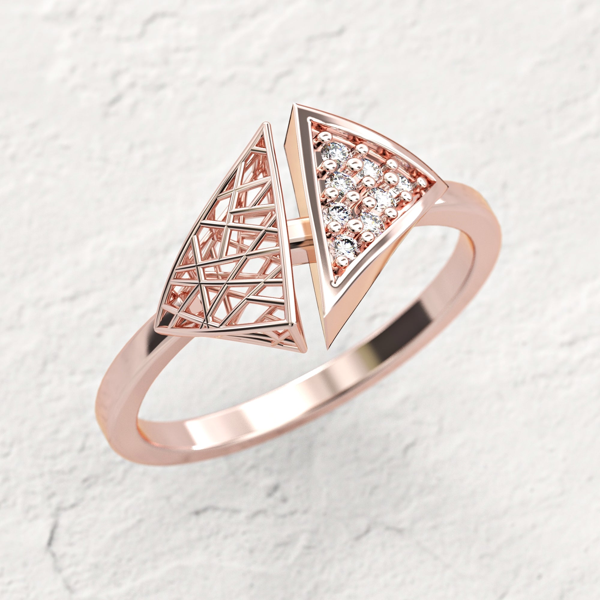 Triangle "contrast" ring - triangular gold mesh ring studded with diamonds