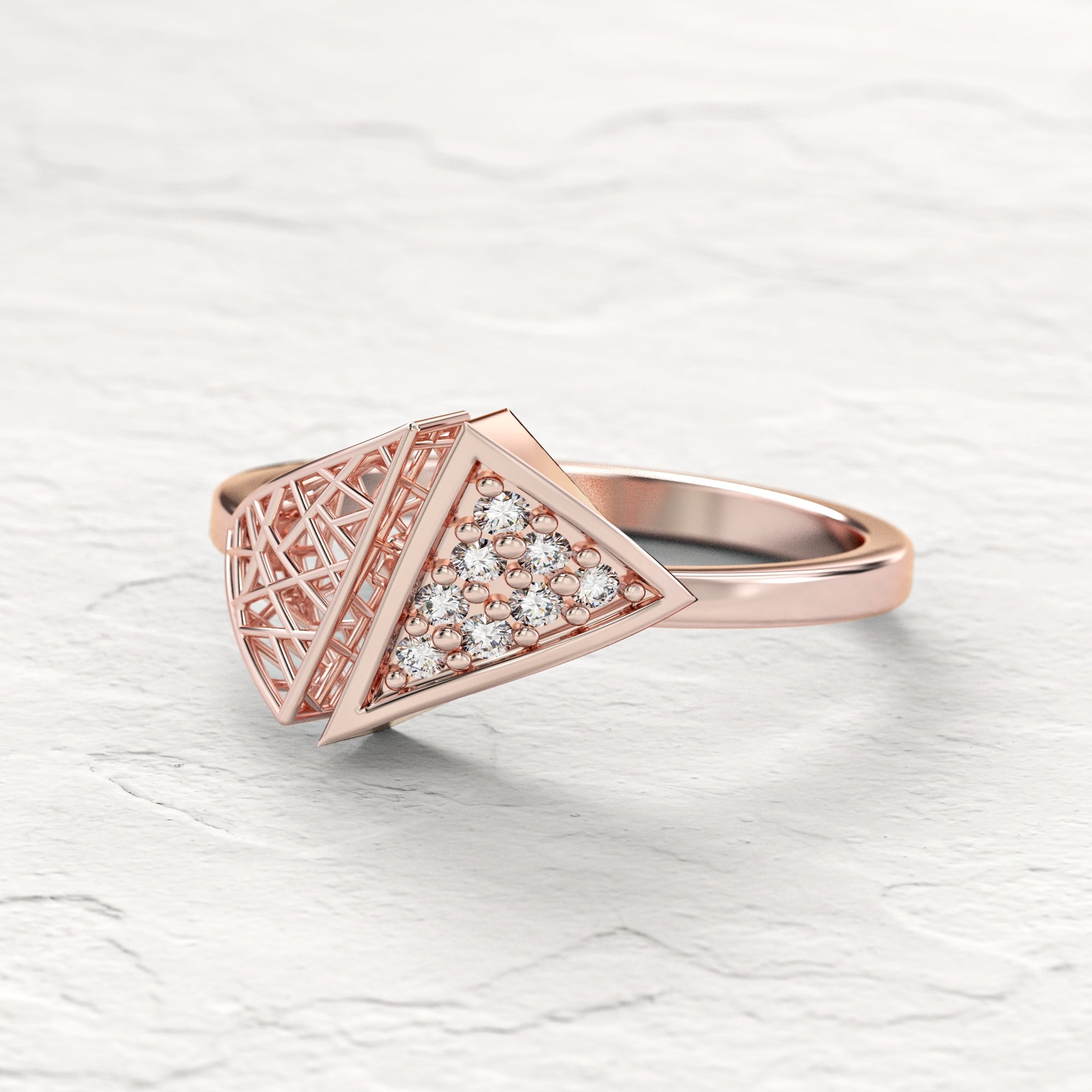 Triangle "contrast" ring - triangular gold mesh ring studded with diamonds