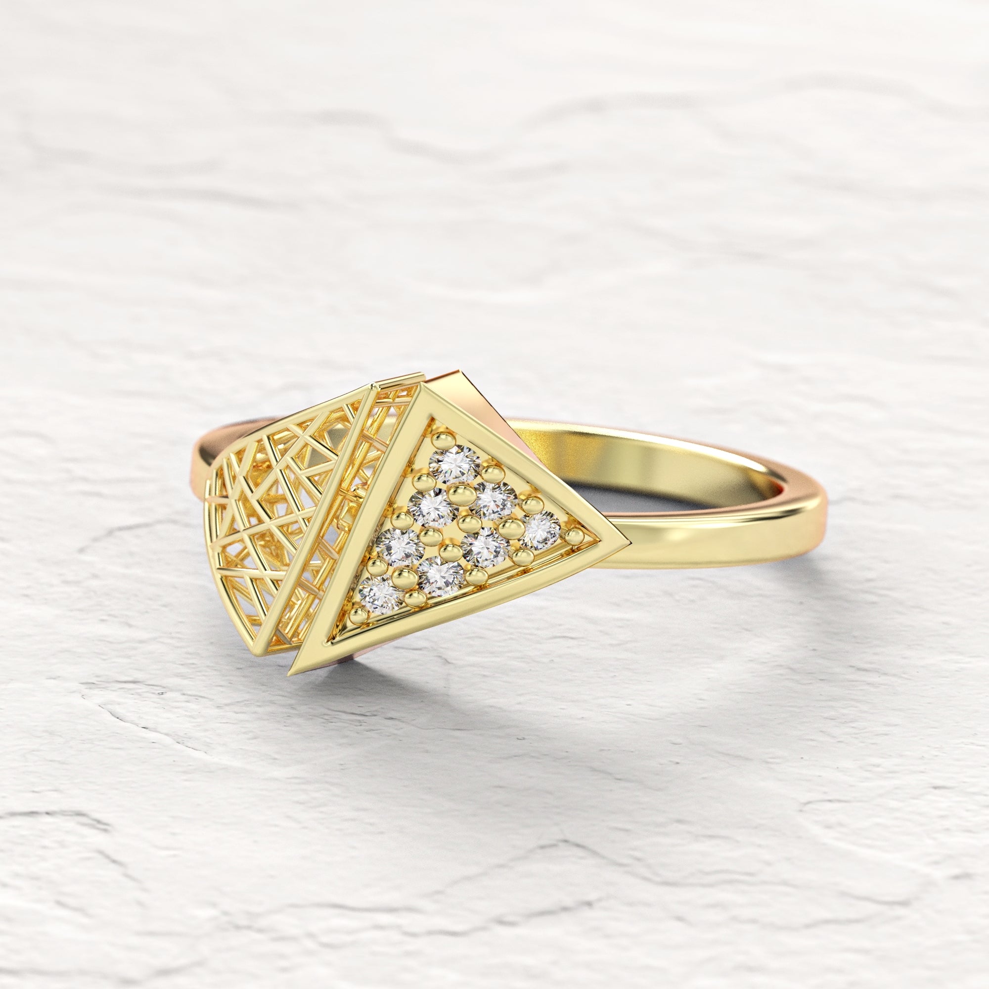 Triangle "contrast" ring - triangular gold mesh ring studded with diamonds