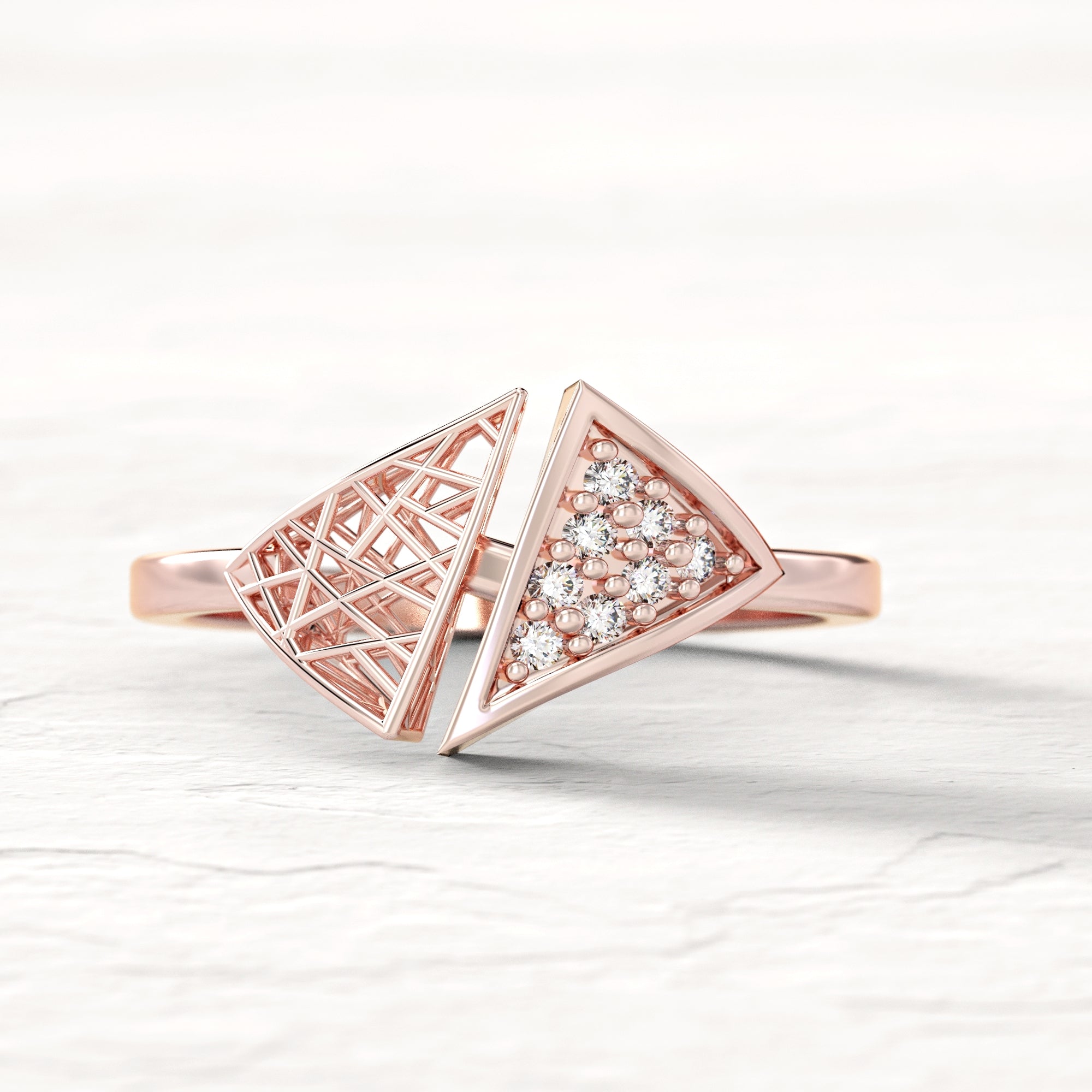 Triangle "contrast" ring - triangular gold mesh ring studded with diamonds