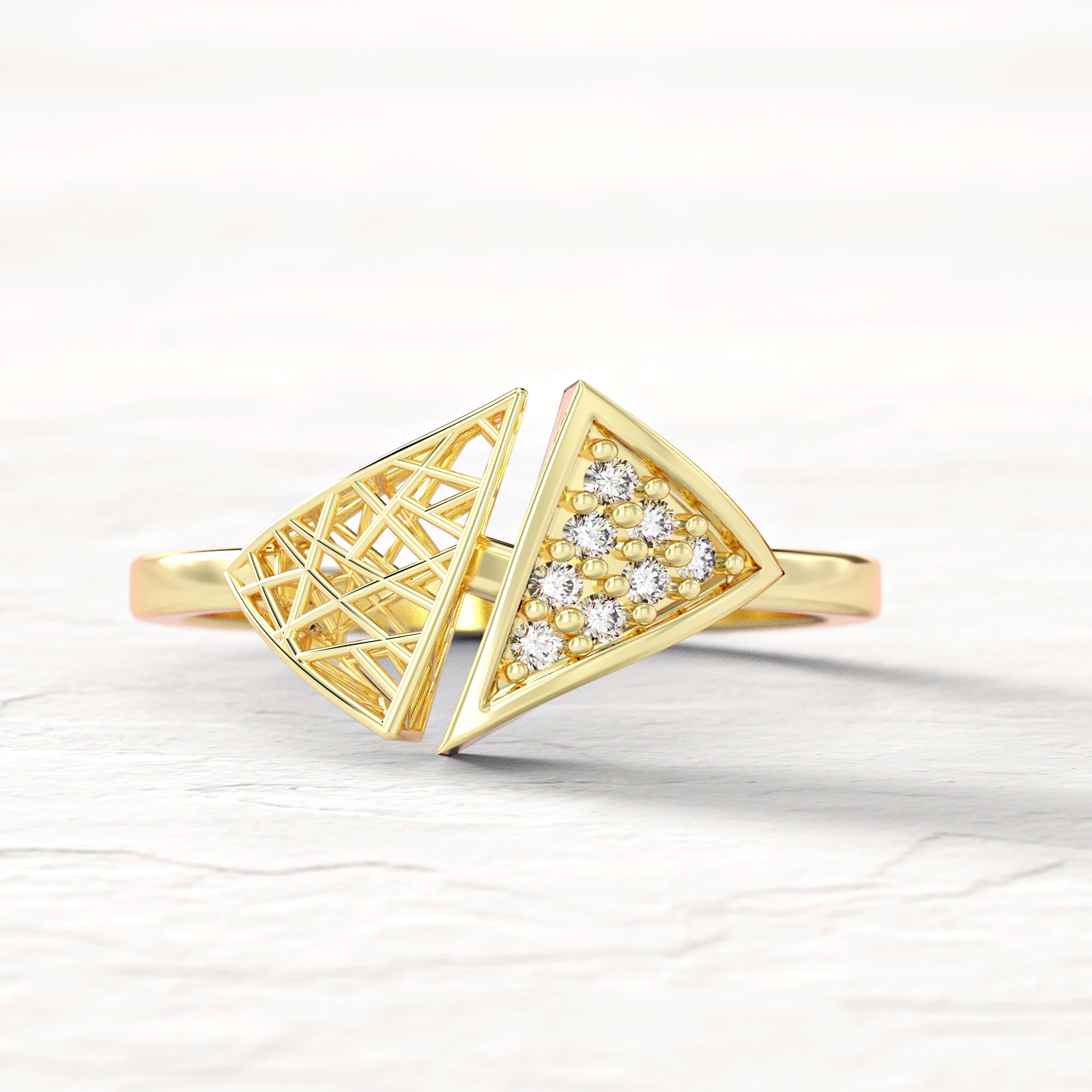 Triangle "contrast" ring - triangular gold mesh ring studded with diamonds