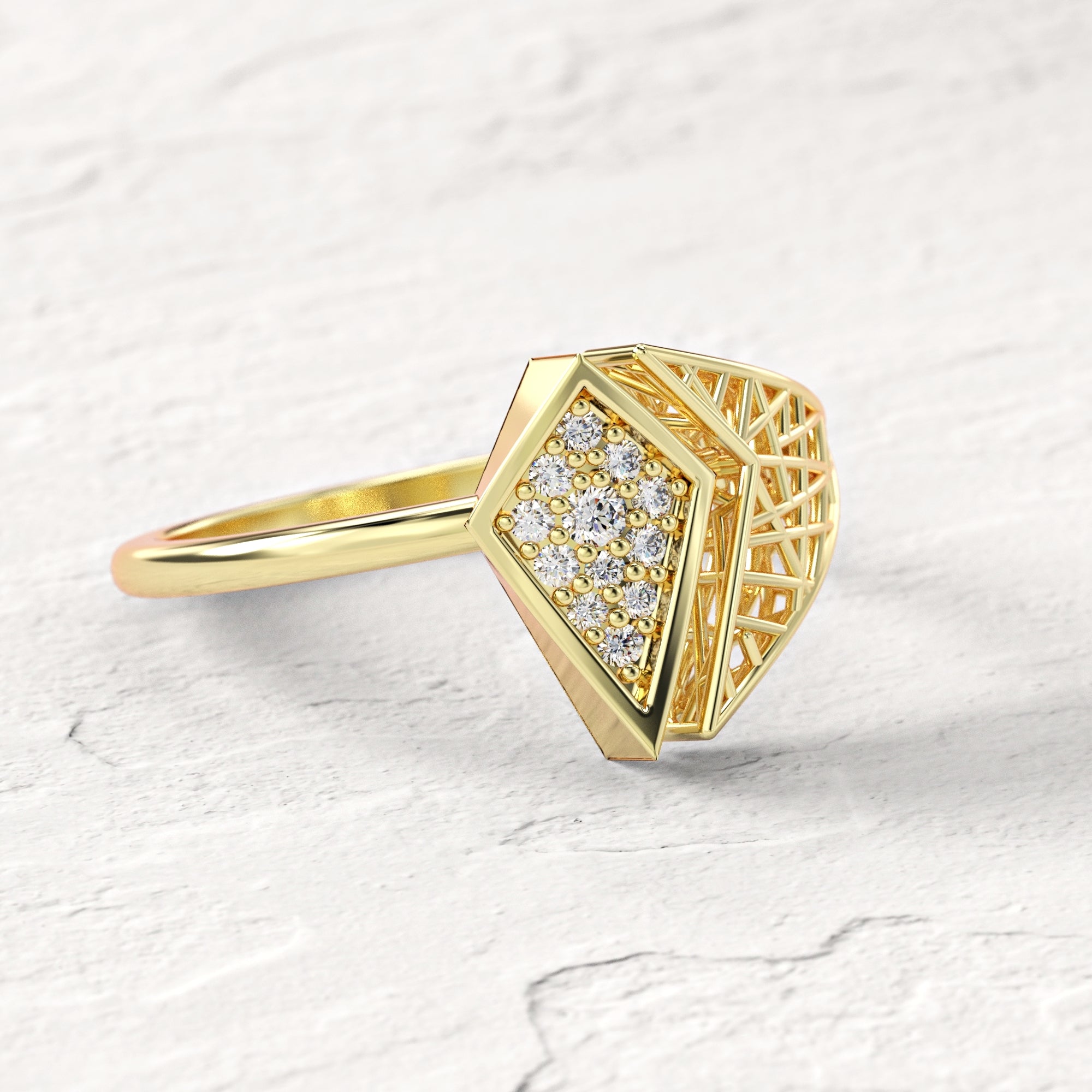 Diamond "Contrast" ring - gold mesh ring studded with diamonds