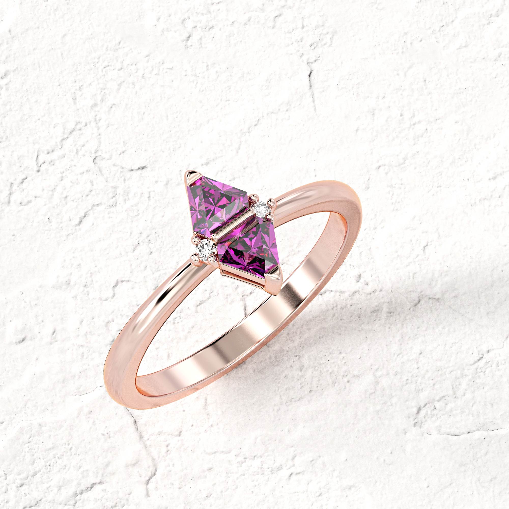 Triangle "nougat" ring - rhodolite and diamonds 