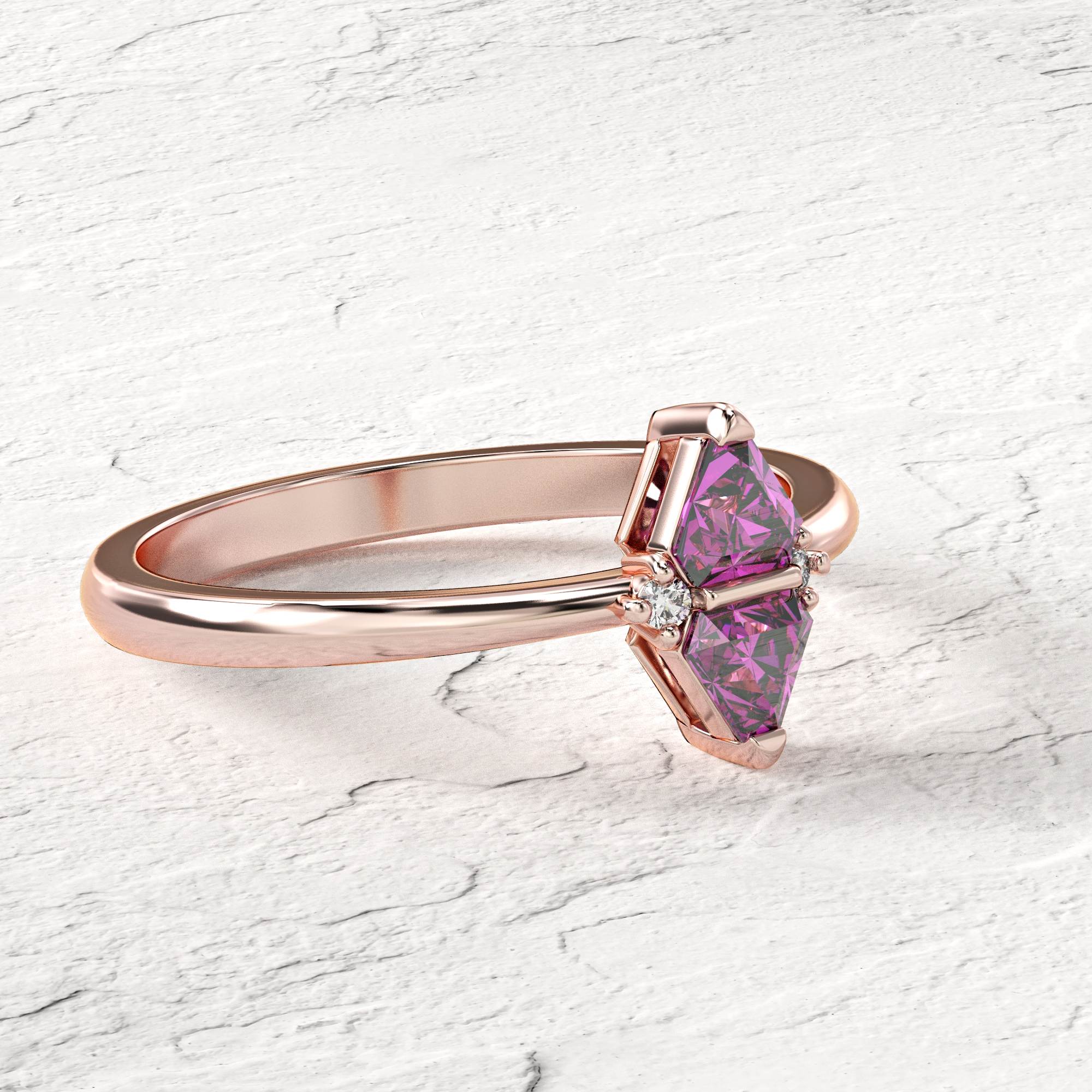 Triangle "nougat" ring - rhodolite and diamonds 